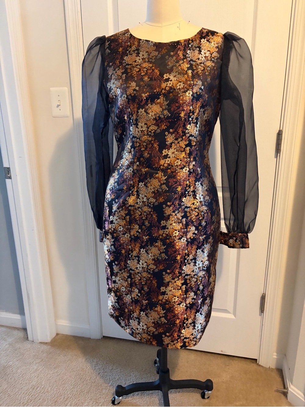 Custom-made Floral Sheer-Sleeve Cocktail Dress in Gold and Copper and Black